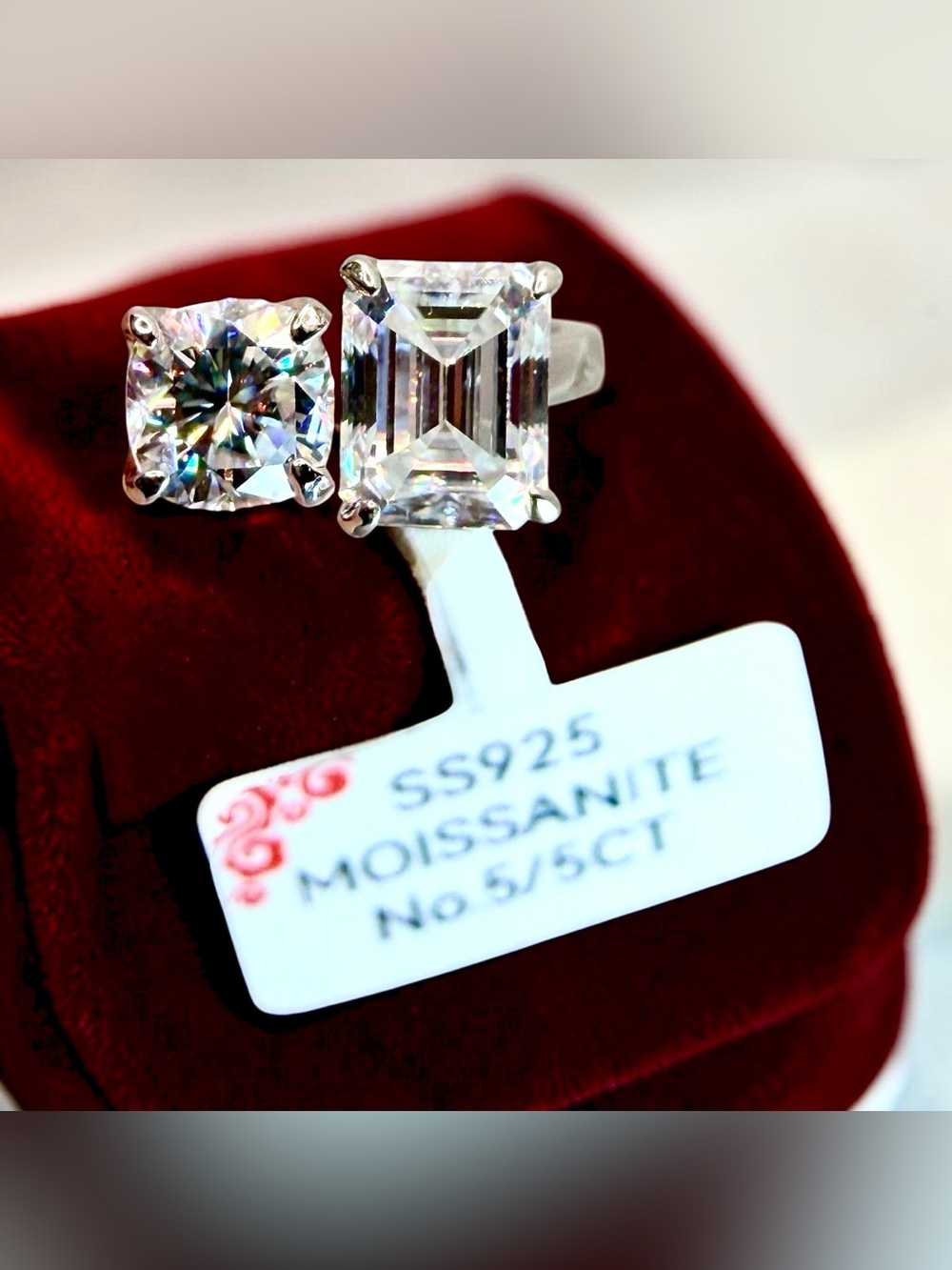 5CT Moissanite Ring • Emerald & Round Cut Duo • Sterling Silver • Size 5 - Picture 8 of 16